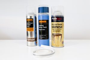 Anti-rust primer, MEtallic BLue spray paint, Polyurethane varnish, silver tape