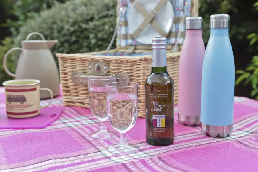 Homesense Al Fresco Dining favourites. A hamper on a picnic blanket with thermos bottles, a coffee thermos, plastic wine glasses, bottle of cordial, enamel mugs.