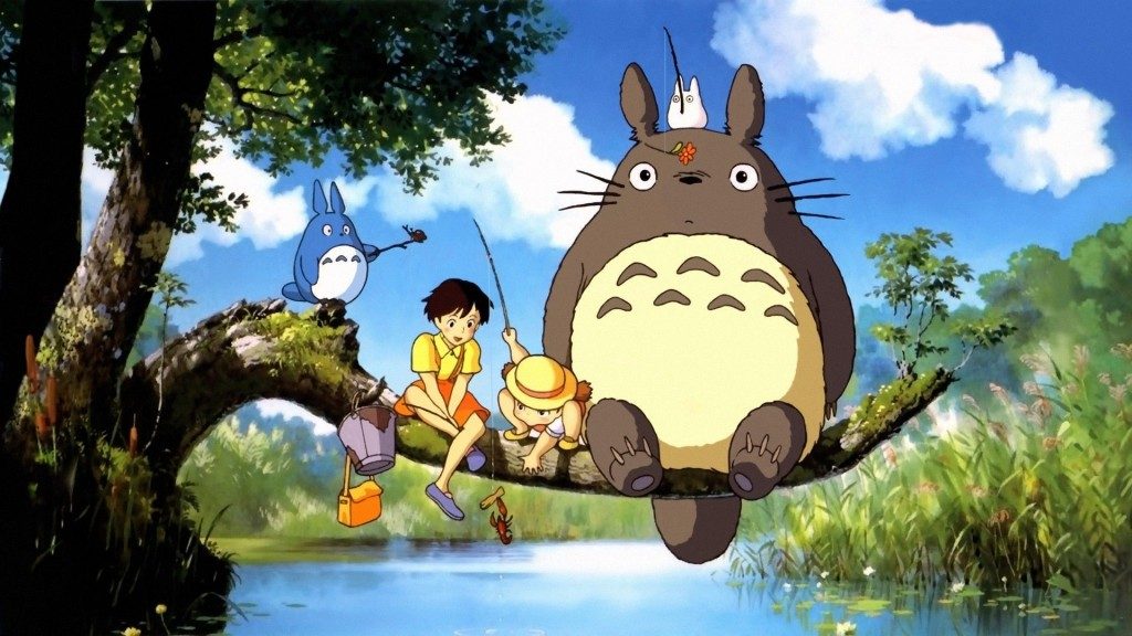 Screen shot from My neighbour Totoro film by Studio Ghibli. It shows Totoro on a tree branch above a lake with other characters from the film