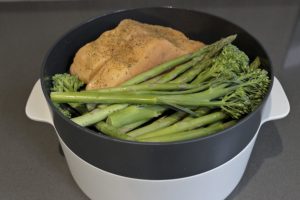 Salmon, Broccoli and green beans on the Joseph Joseph M-Cuisine Microwave Steamer ready to cook