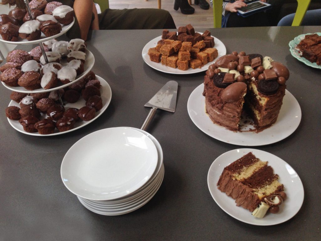 #BloggersBeatingCancer Coffee Morning Cake Selection with cupcakes, chocolate cake and cake stand with cakes