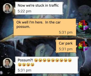 Another autocorrect fail message 'Now we're stuck in traffic' 'In the car possum' In the car PARK!