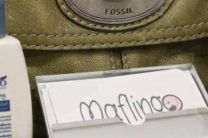 Green Fossil bag with my Maflingo Moo business cards