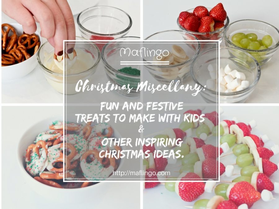 Christmas food and recipe ideas: fun, festive and delicious treats which are perfect for making with kids. White chocolate coated pretzels with green and red sugary sprinkles and Santa Hat fruit skewers plus other inspirational ideas from other bloggers including festive food, decorations, crafts and more