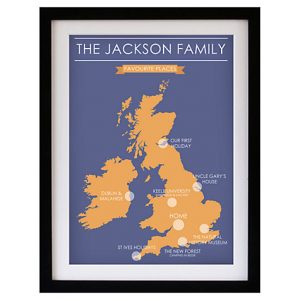 Betsy Benn Favourite Place Map Framed Print, Black Frame, 48.7 x 37.7cm, Blue/ Orange