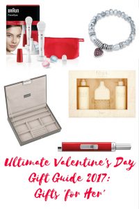 Maflingo's ultimate valentine's gift guide 2017: For Her. I've chosen 6 of my favourite ideas for valentine's gifts for the lady on your life. Jewellery box, candle lighter, poppy heart bracelet, boar bristle hair brush, FCUK Friction fragrance & Braun
