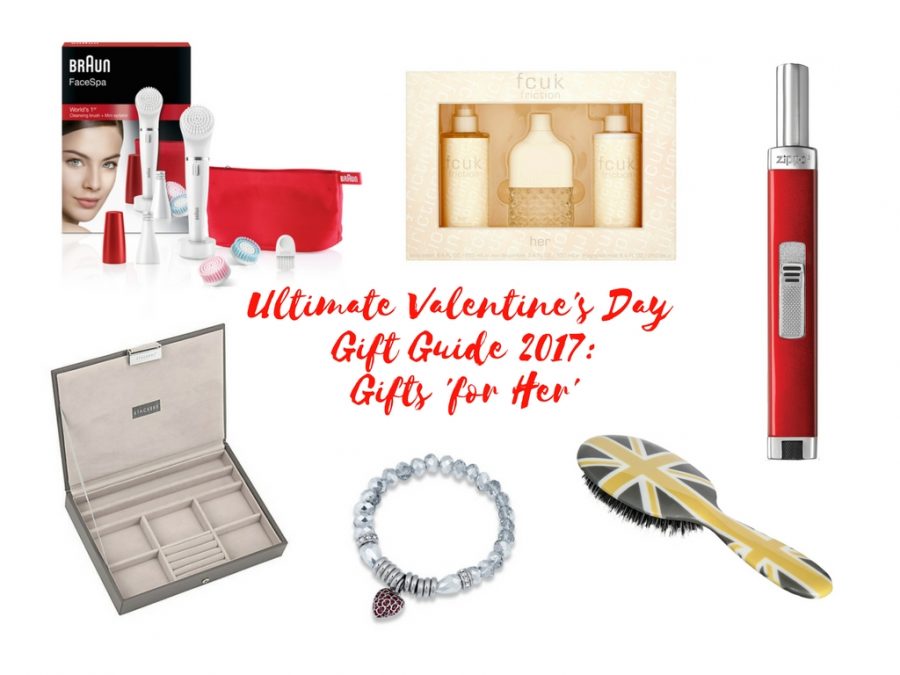 Maflingo's ultimate valentine's gift guide 2017: For Her. I've chosen 6 of my favourite ideas for valentine's gifts for the lady on your life. Jewellery box, candle lighter, poppy heart bracelet, boar bristle hair brush, FCUK Friction fragrance & Braun