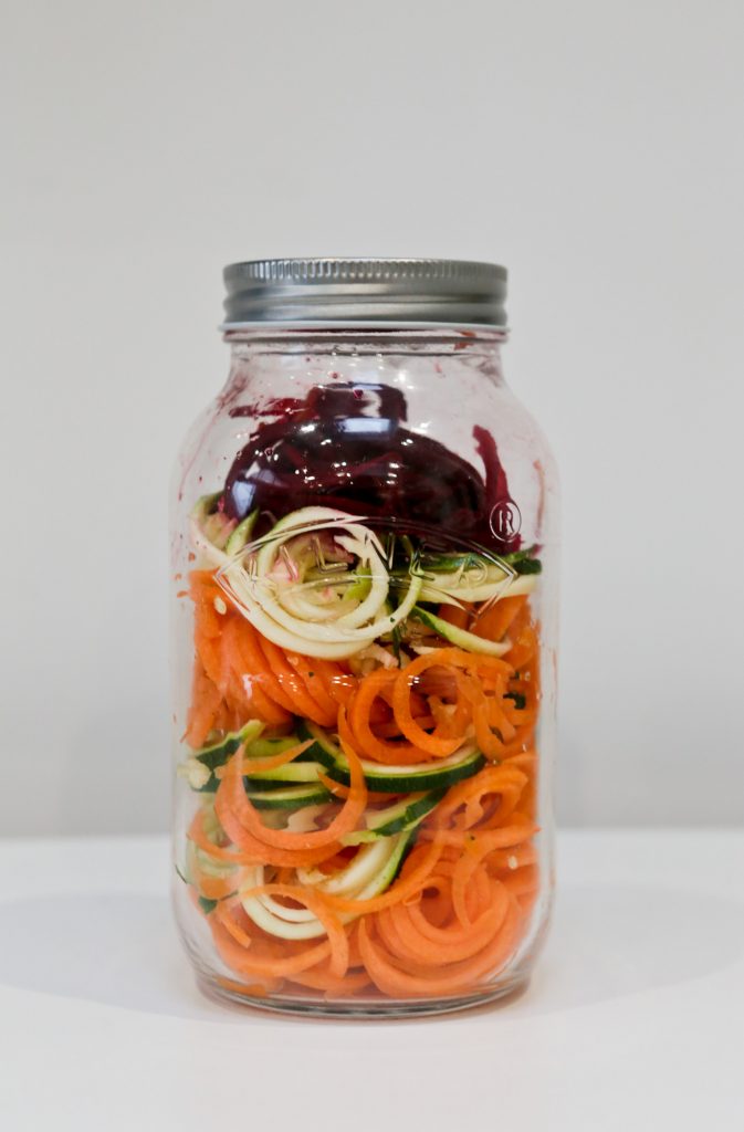 Kilner Spiralizer jar filled with carrot, courgette, beetroot.