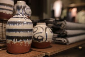 Close-up of hand-made ceramics White Stuff Nottingham New homeware collection displays