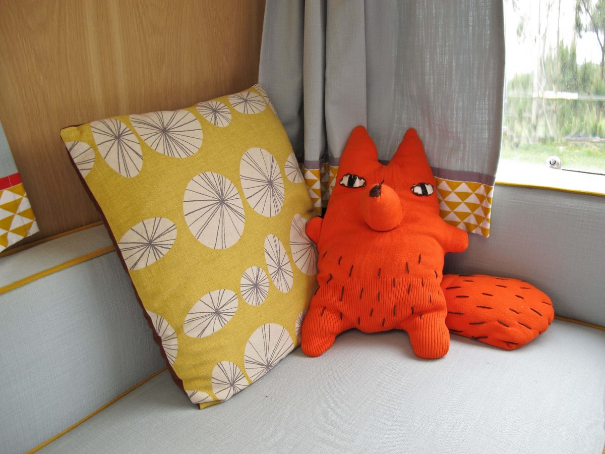 1969 Cheltenham Fawn Renovation Project After : fox toy made from a cardigan and bright cushion